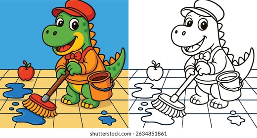 Dinosaur Janitor Coloring Page Cute Cartoon Dino Mopping Floor for Fun and Educational Activities