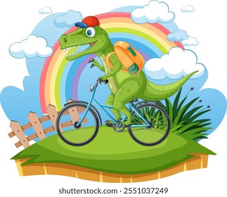 A dinosaur joyfully cycling under a rainbow