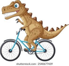 A dinosaur joyfully rides a blue bicycle