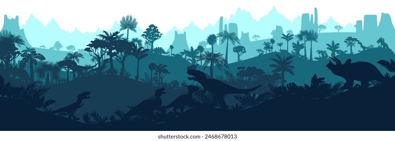 Dinosaur jungle background. Layered landscape with prehistoric rainforest. Parallax effect. Horizontal blue panoramic backdrop with dinosaurs, mountains, palms, trees and bushes.