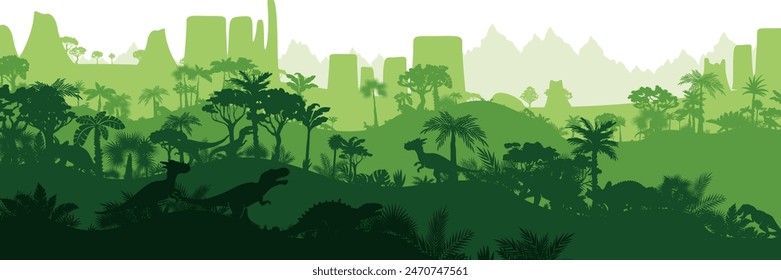 Dinosaur jungle background. Layered landscape with prehistoric rainforest. Parallax effect. Horizontal green panoramic backdrop with dinosaurs, mountains, palms, trees and bushes.