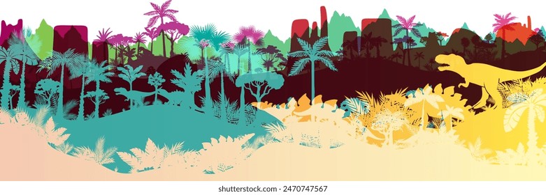 Dinosaur jungle background. Layered landscape with prehistoric rainforest. Parallax effect. Horizontal colorful panoramic backdrop with dinosaurs, mountains, palms, trees and bushes.