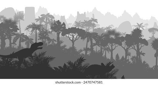 Dinosaurier Dschungel Hintergrund. Mehrschichtige Landschaft mit prähistorischem Regenwald. Parallaxeneffekt. Horizontale graue Panorama-Kulisse mit Dinosauriern, Bergen, Palmen, Bäumen und Büschen.