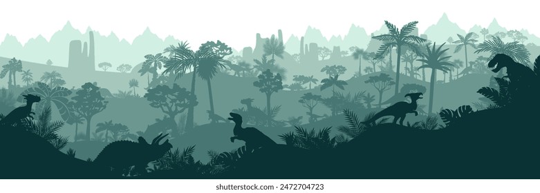 Dinosaur jungle background. Layered landscape with prehistoric rainforest. Parallax effect. Horizontal blue panoramic backdrop with dinosaurs, mountains, palms, trees and bushes.