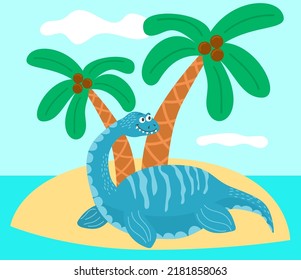 Dinosaur in jungle, prehistoric wild animal on tropical forest background with palm tree leaves. Jurassic period ancient creature, game personage dino monster, Cartoon vector illustration