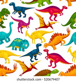 Dinosaurier und jurassisches Tiermuster. Tyrannosaurus, Triceratops, Stegosaurus, Pterodactyl, t-rex, Brontosaurus, Velociraptor-Cartoon auf Monsterhintergrund