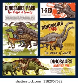 Dinosaur jurassic animal sketch of dino monster adventure park. Tyrannosaurus rex, stegosaurus and pterodactyl, velociraptor, diplodocus and triceratops prehistoric predatory reptile