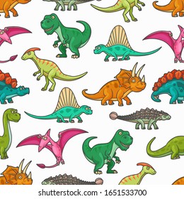 Dinosaur jurassic animals seamless pattern. Vector background with tyrannosaurus, pterodactyl, brontosaurus and spinosaurus, stegosaurus, diplodocus, triceratops and pteranodon prehistoric monsters