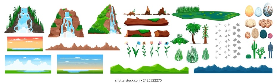 Dinosaur Jurassic era environment game assets, vector waterfall cascade and lake, mountains and river. Dino eggs and footprint fossil, sky and flowers, fern, stumps and logs for dinosaur arcade game