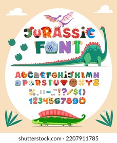 Dinosaur Jurassic font, type of typeface with cartoon dino alphabet, vector letters. Kids Jurassic dinosaurs and cute dino lizards font typeface with T-rex tyrannosaurus, pterodactyl and brontosaurus