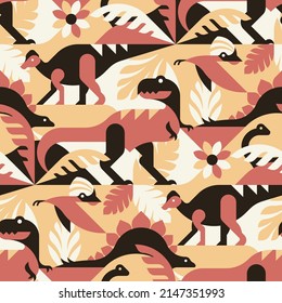 Dinosaur jurassic forest - abstract vector pattern, seamless with tyrannosaurus rex, hypacrosaurus, brontosaurus, stegosaurus and pterodactyl. Perfect for fabric, textile, wallpaper.