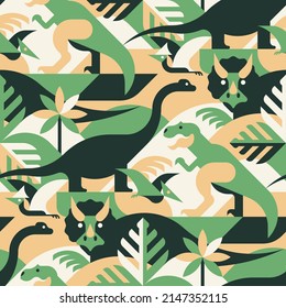 Dinosaur jurassic forest - abstract vector pattern, seamless with tyrannosaurus rex, triceratops, brontosaurus and pterodactyl. Perfect for fabric, textile, wallpaper.