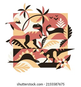 Dinosaur jurassic forest - abstract vector illustration with tyrannosaurus rex, hypacrosaurus, brontosaurus, stegosaurus and pterodactyl.