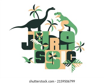 Dinosaur jurassic forest - abstract vector illustration with tyrannosaurus rex, triceratops, brontosaurus and pterodactyl.