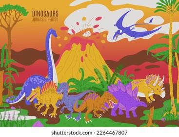 Dinosaur Jurassic and Mesozoic period colorful background, flat cartoon vector illustration. Prehistoric dinosaurs cartoon characters at volcano landscape backdrop.