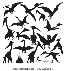 Dinosaur and Jurassic monster icons. Microraptor vector silhouette