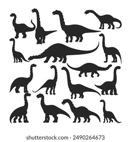 Dinosaur and Jurassic monster icons. Vector silhouettes of Brachiosaurus, Isisaurus, Camarasaurus, Mamenchisaurus, Diplodocus