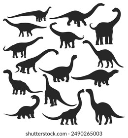 Dinosaur and Jurassic monster icons. Vector silhouettes of Brachiosaurus, Isisaurus, Camarasaurus, Mamenchisaurus, Diplodocus