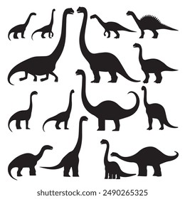 Dinosaur and Jurassic monster icons. Vector silhouettes of Brachiosaurus, Isisaurus, Camarasaurus, Mamenchisaurus, Diplodocus