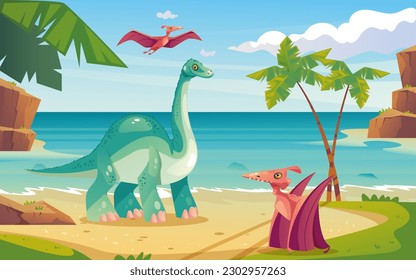 Dinosaur jurassic prehistoric dino landscape concept. Vector graphic design element illustration