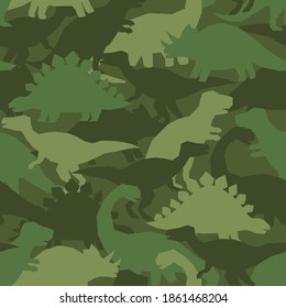 Dinosaur khaki army pattern. Camouflage seamless texture with dino in green colors. Perfect fashion print for childish fabrics and apparel.