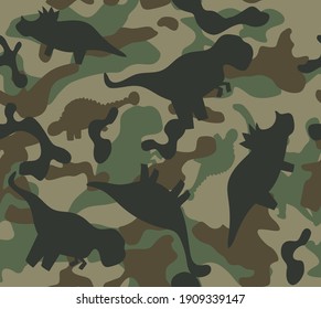 Dinosaur khaki army pattern. Camouflage seamless texture with dino in green colors.