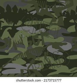 Dinosaur khaki army pattern. Military pattern. Camouflage seamless texture with dino in green colors.