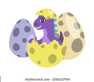 Dinosaur kid in egg with dots, dinosaur generation and offsprings, newborn prehistoric creatures, vector illustration isolated on white background