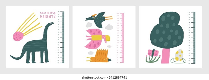 Dinosaur kid height measurement, centimeter, chart with dino, comet meteorite