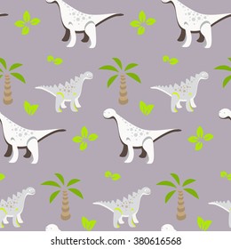 Dinosaur kid seamless vector pattern for textile print. White and grey happy cartoon dino reptile with palm trees on violet. Baby fabric pattern.