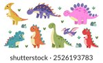 Dinosaur. Kids cartoon dino. Little monster cute character. Baby animal graphic, prehistoric Tyrannosaurus, Triceratops and Pterodactyl. Childish decorative stickers. Vector tidy isolated illustration