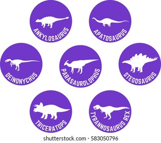 Dinosaur Labeled Round Icon Set with Scientific Names Purple