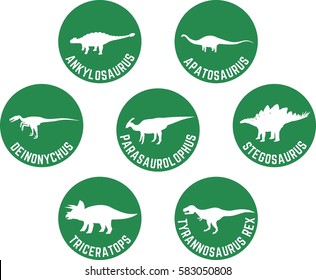 Dinosaur Labeled Round Icon Set with Scientific Names Dark Green