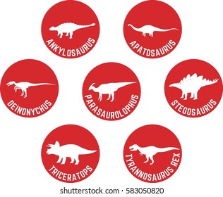 Dinosaur Labeled Round Icon Set with Scientific Names Red