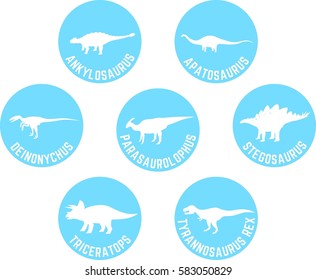 Dinosaur Labeled Round Icon Set with Scientific Names Light Blue