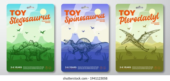 Dinosaur Labels Template Set. Abstract Vector Toys Packaging Design Layouts Collection. Modern Typography with Prehistoric Volcano Landscape and Hand Drawn Dinosaurus Sketch Background. Isolated.