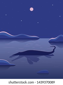 Dinosaur in the lake at night. Fantastic image. Poster. Vector