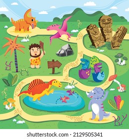 Dinosaur land maps with road maze challenge for kids design 