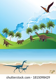Dinosaur landscape with ocean and grass hills set against a blue cloudy sky