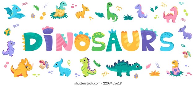 Dinosaur lettering. Cute childish font for birthday greeting card, baby shower invitation, posters. Vector cartoon illustration.