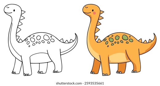 Dinosaur Line Art Vector Outline Illustration Black and White with Coloring Sample