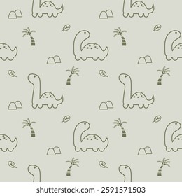Dinosaur line cartoon so cute. On tree leaf background. Pattern seamless vector illustration. 