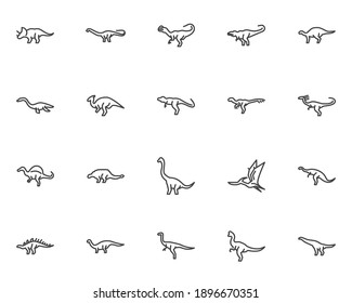 Dinosaurier-Zeilensymbole gesetzt. Sammlung von linearen Stilsymbolen, Umrissbeschriftung. Vektorgrafiken. Set enthält Symbole wie Triceratops Dinosaurier, Tyrannosaurus, Spinosaurier, Pteranodon pterosaurier, Stegosaurus