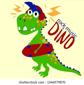  
Dinosaur listens  rock and weaves on  skateboard. Card, t-shirt composition, hand drawn style print. Vector illustration