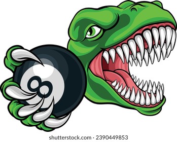 A dinosaur or lizard angry mean pool billiards mascot cartoon character holding a black 8 ball. 