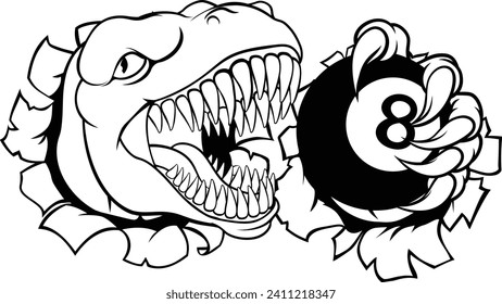 A dinosaur or lizard angry mean pool billiards mascot cartoon character holding a black 8 ball. 