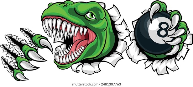 A dinosaur or lizard angry mean pool billiards mascot cartoon character holding a black 8 ball. 