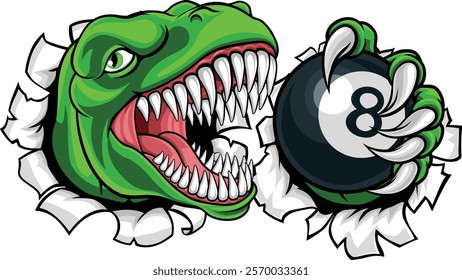 A dinosaur or lizard angry mean pool billiards mascot cartoon character holding a black 8 ball. 