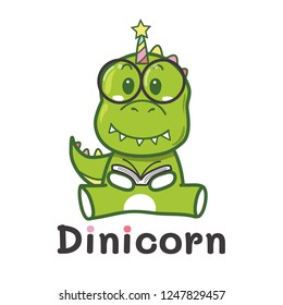 Dinosaur logo for kid store,Dinicorn cute cartoon hand drawn reading a book.