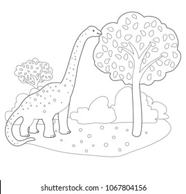 Dinosaur long neck eats leaves from tree. Children colouring book page illustration.